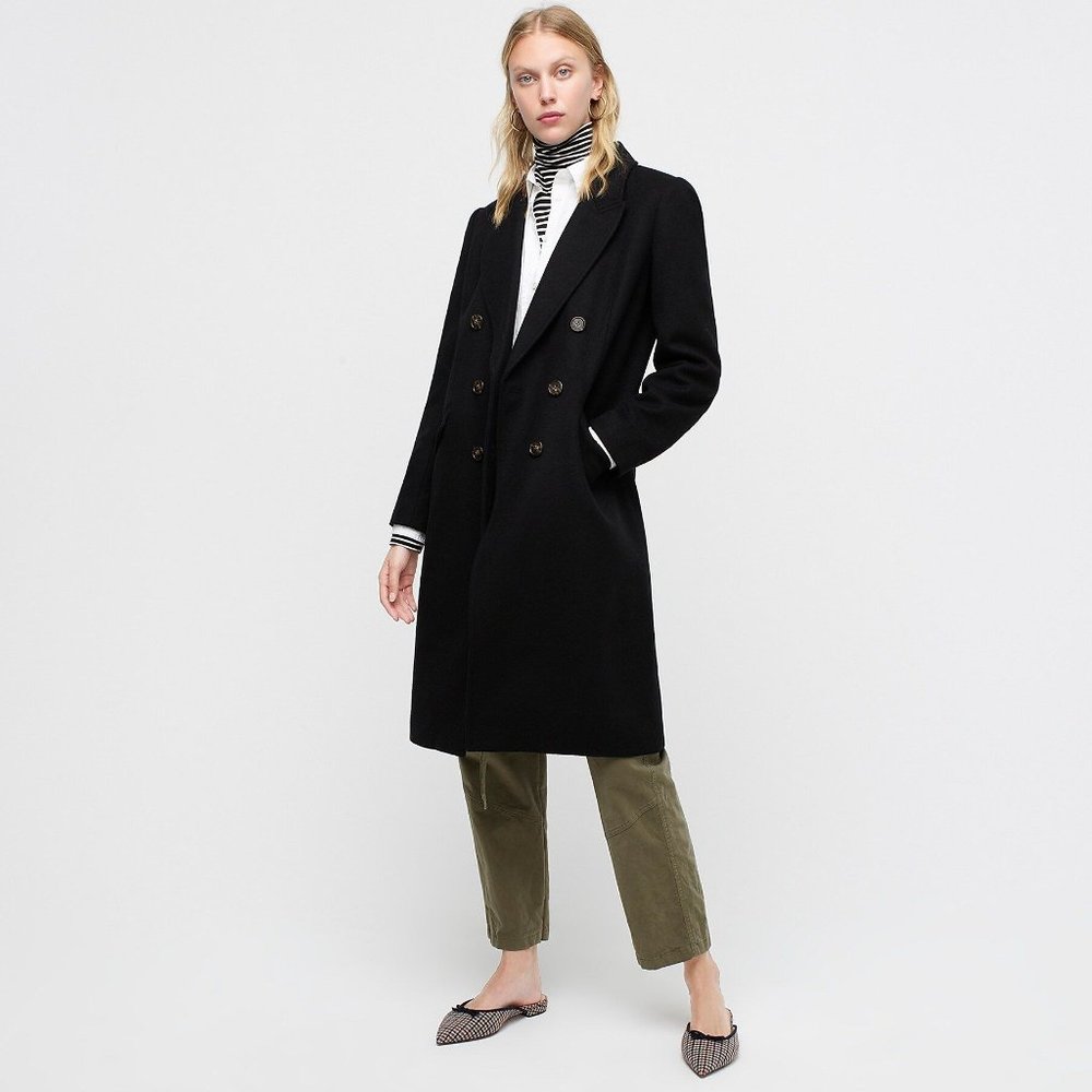 JCrew Black Wool Double Breasted Top Coat, NWT